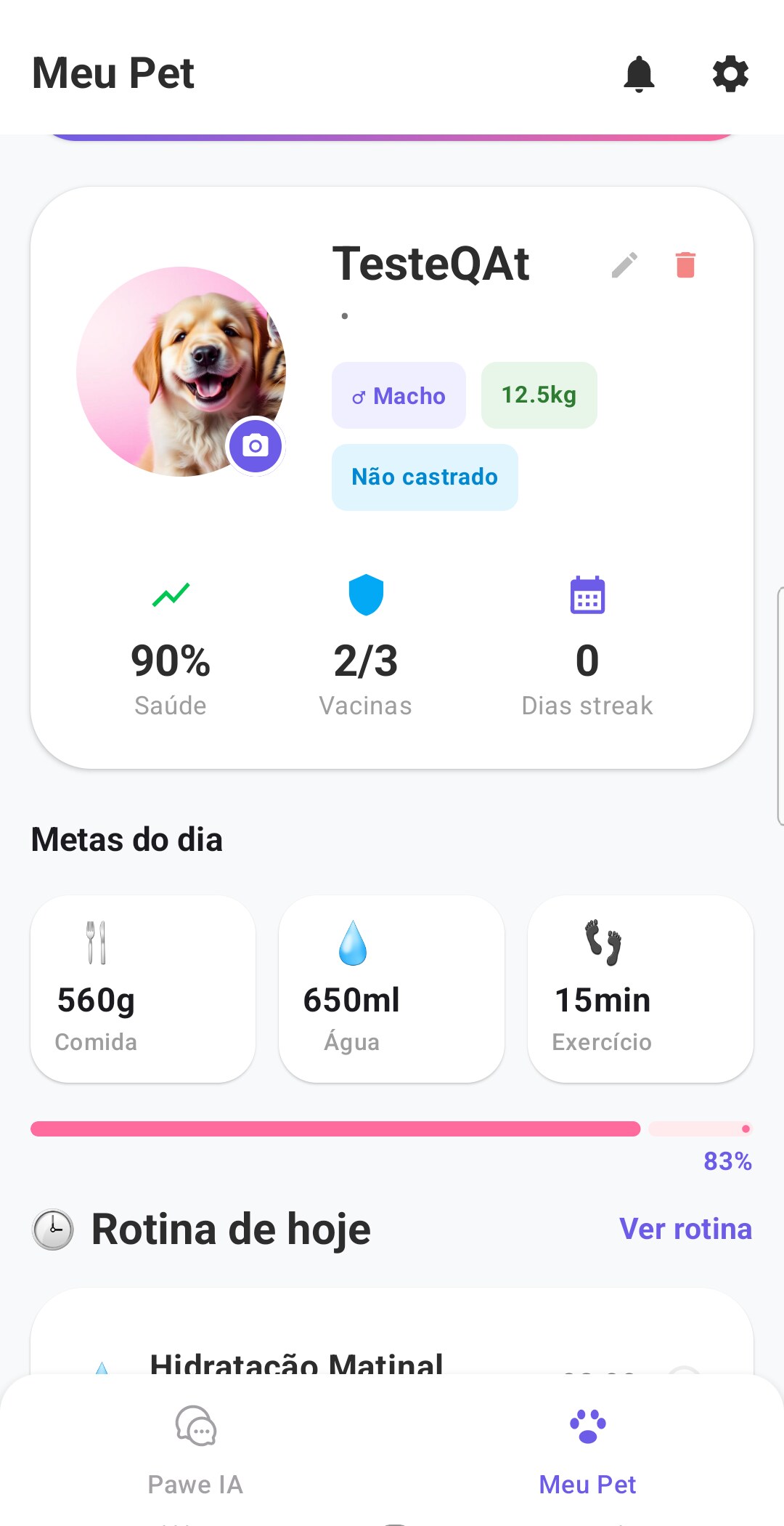Tela do app Pawe mostrando o perfil do pet, saúde, vacinas e metas do dia